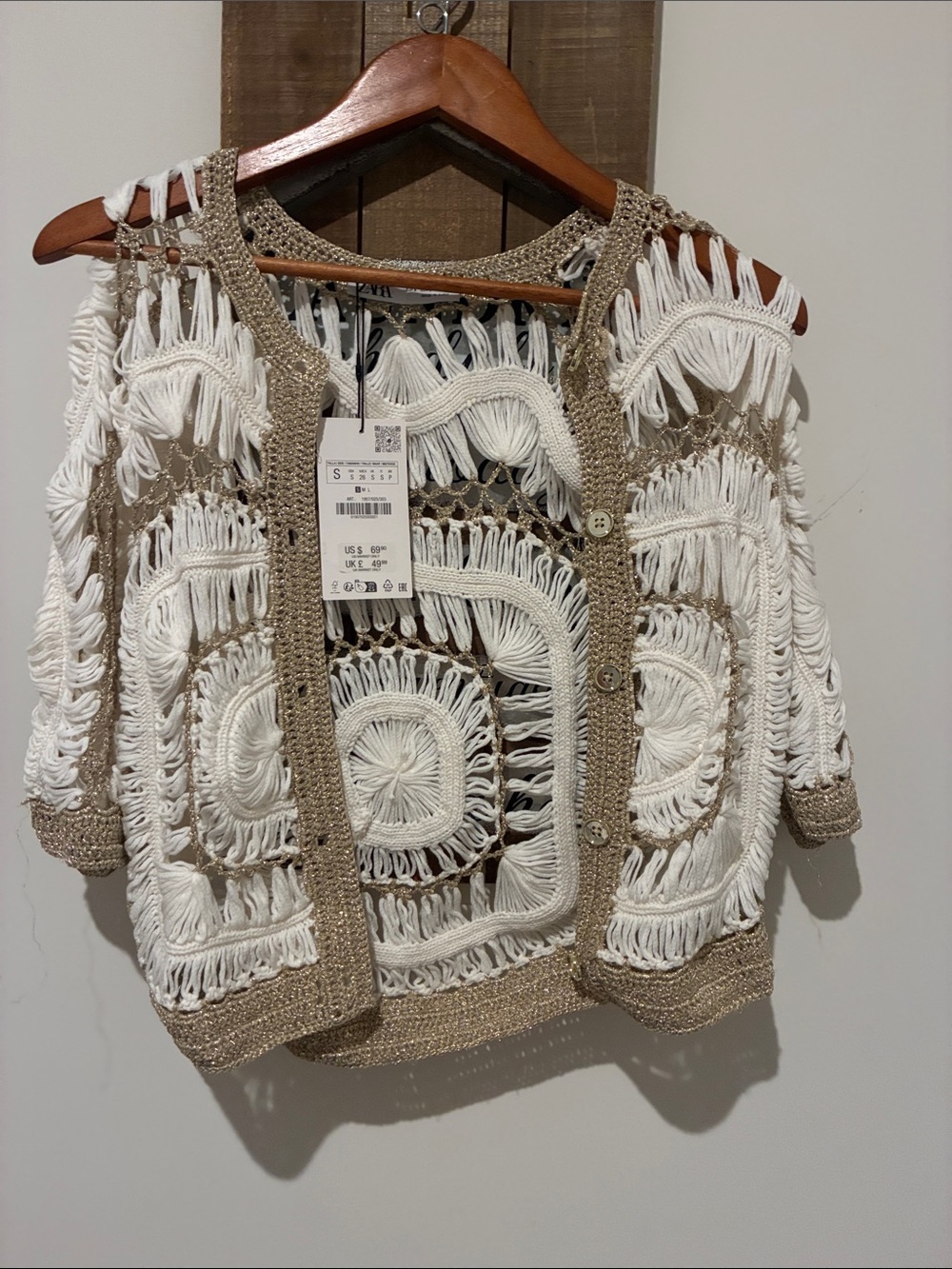 Zara White & Tan Crochet Openwork Cardigan